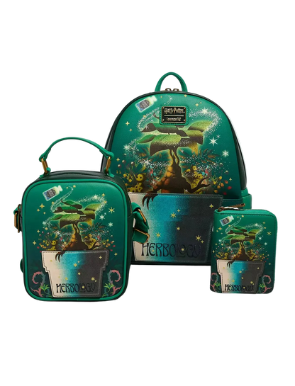 A matching green Harry Potter Hogwarts backpack, lunch bag, wallet, and pouch set, all decorated with a whimsical bonsai tree illustration and the word 'HERRONBOY' on a clean white background.
