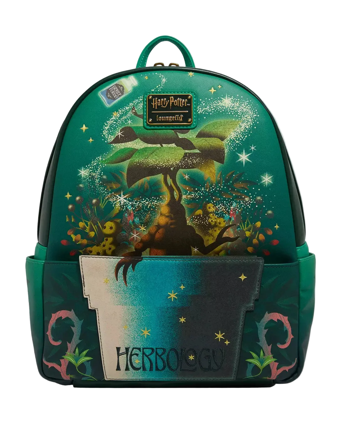 A green Harry Potter Dormammu themed backpack featuring a detailed illustration of Dormammu, magical sparkles, and the text 'HEROES GO' on the front pocket, set against a light gray background.