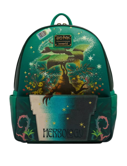 A green Harry Potter Dormammu themed backpack featuring a detailed illustration of Dormammu, magical sparkles, and the text 'HEROES GO' on the front pocket, set against a light gray background.