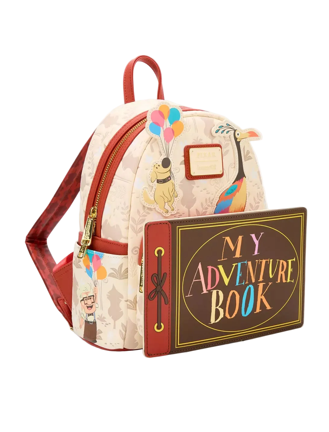 A Disney Up in the Air themed mini backpack with a matching 'My Adventure Book' wallet, featuring characters from the film on a light beige patterned background with red leather accents.