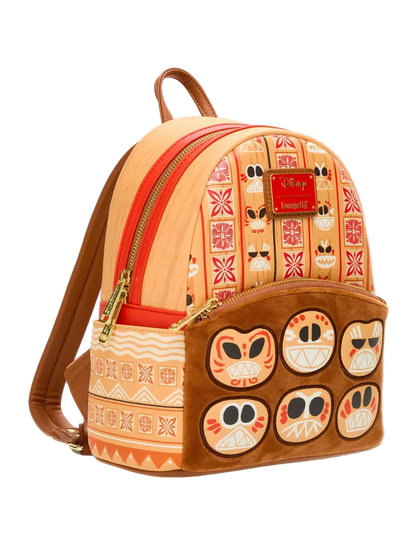 A Loungefly Disney Halloween-themed mini backpack featuring orange and brown patterns, skull motifs, and a red hangtag on a light gray background.