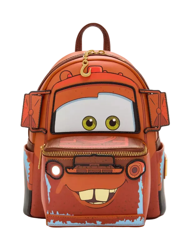 Backpack designed like a character with a face, featuring large eyes and a mouth on a white background.