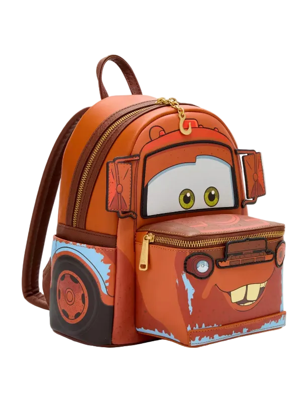 Backpack designed like a character from Pixar's Cars with a white background