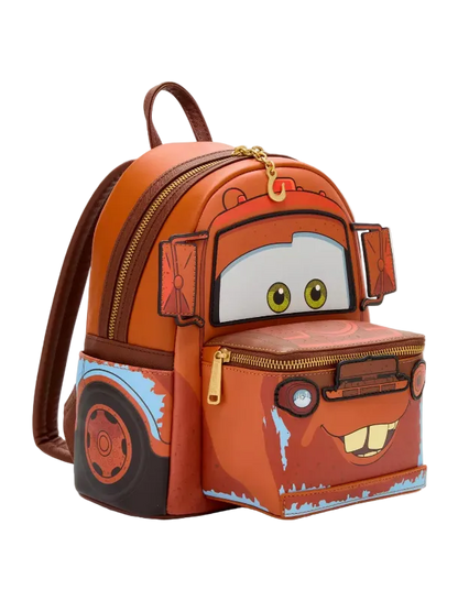 Backpack designed like a character from Pixar's Cars with a white background