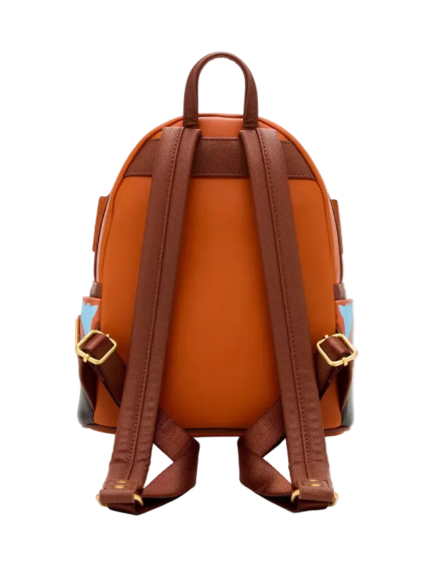 Brown backpack with gold buckles on a white background