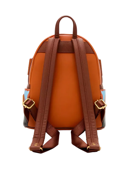 Brown backpack with gold buckles on a white background
