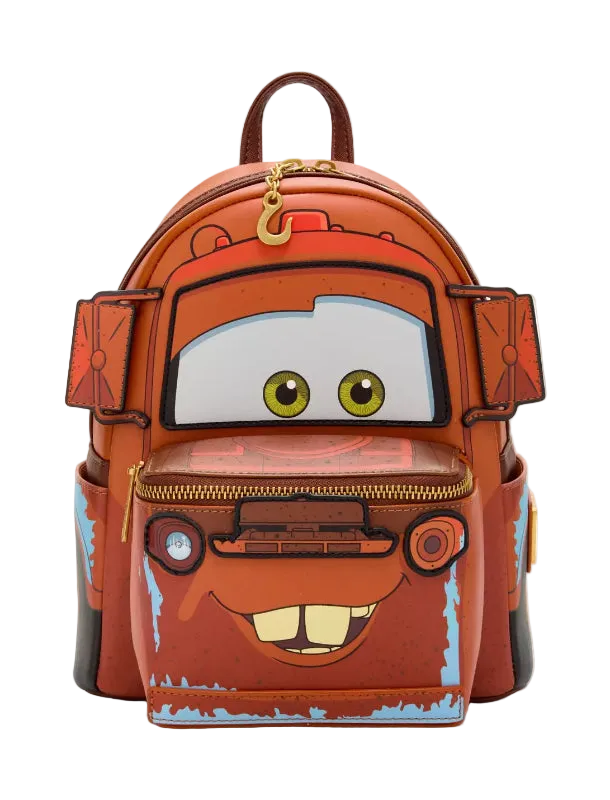 Backpack designed like a character with large eyes and a mouth, on a white background