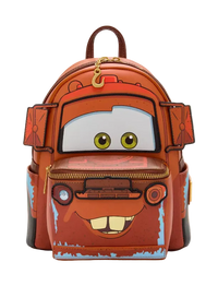Backpack designed like a character with large eyes and a mouth, on a white background