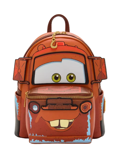 Backpack designed like a character with large eyes and a mouth, on a white background