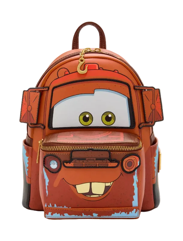 Backpack designed like a character with large eyes and a mouth, on a white background