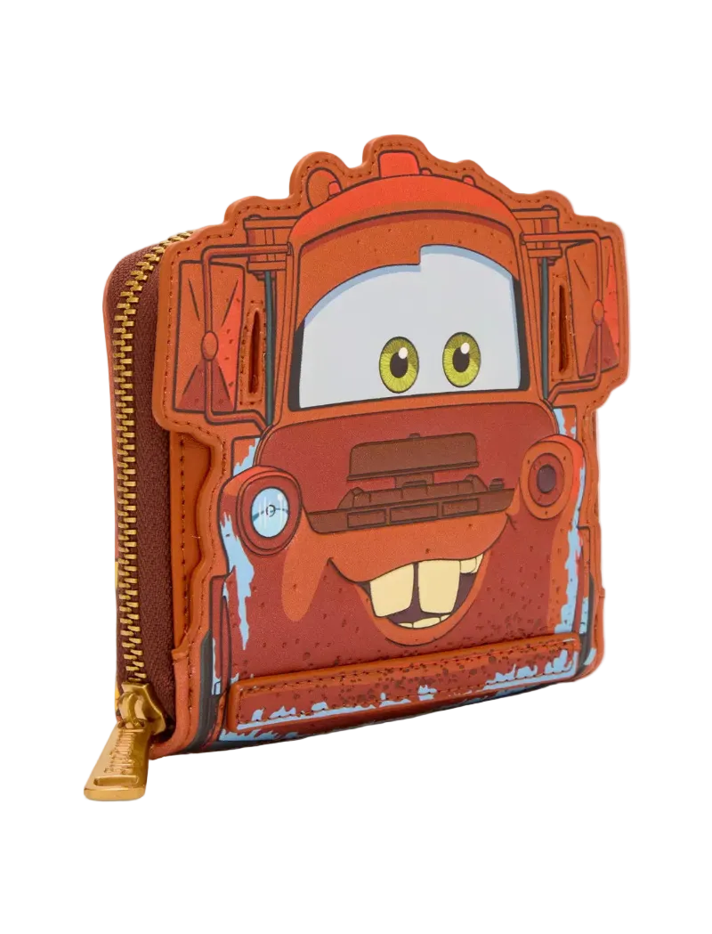 A zip-around wallet shaped like the character Mater from Disney's Cars, featuring a distressed orange-red finish with blue paint details, yellow eyes, and a gold zipper pull, shown on a light gray background.
