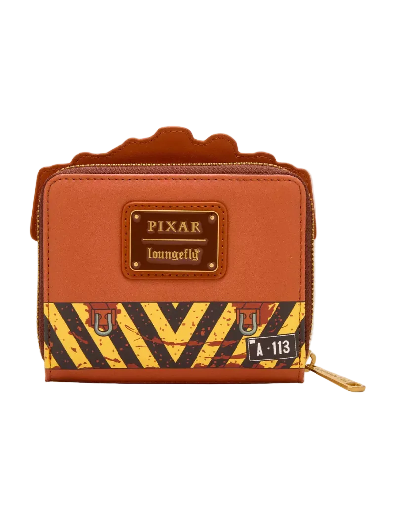 Pixar Loungefly Airport Bag wallet in orange with a yellow and black striped runway pattern and a gold-tone zipper pull.