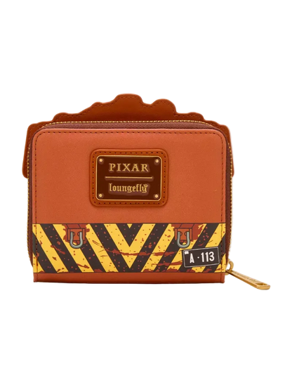 Pixar Loungefly Airport Bag wallet in orange with a yellow and black striped runway pattern and a gold-tone zipper pull.