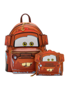 A Disney Cars backpack and matching zip pouch set featuring Mater the rusty red car character, shown on a clean light gray background.