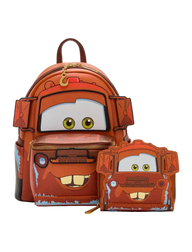 A Disney Cars backpack and matching zip pouch set featuring Mater the rusty red car character, shown on a clean light gray background.