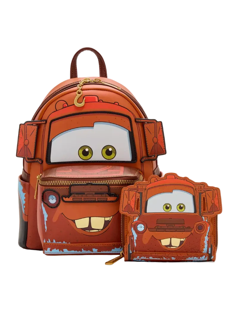 A Disney Cars backpack and matching zip pouch set featuring Mater the rusty red car character, shown on a clean light gray background.