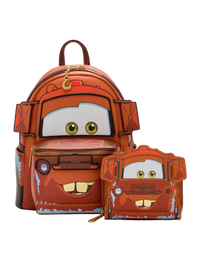 A Disney Cars backpack and matching zip pouch set featuring Mater the rusty red car character, shown on a clean light gray background.