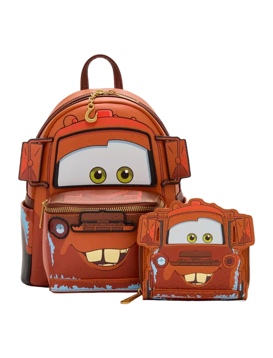 A Disney Cars backpack and matching zip pouch set featuring Mater the rusty red car character, shown on a clean light gray background.