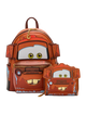 A Disney Cars backpack and matching zip pouch set featuring Mater the rusty red car character, shown on a clean light gray background.