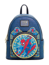 A blue faux-brick textured mini backpack featuring Spider-Man artwork, including a large circular Spider-Man graphic on the front, gold zipper details, and a Marvel logo patch on the upper front.