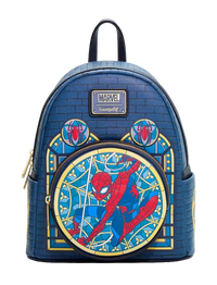 A blue faux-brick textured mini backpack featuring Spider-Man artwork, including a large circular Spider-Man graphic on the front, gold zipper details, and a Marvel logo patch on the upper front.