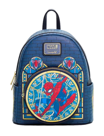 A blue faux-brick textured mini backpack featuring Spider-Man artwork, including a large circular Spider-Man graphic on the front, gold zipper details, and a Marvel logo patch on the upper front.