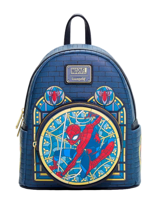 A blue faux-brick textured mini backpack featuring Spider-Man artwork, including a large circular Spider-Man graphic on the front, gold zipper details, and a Marvel logo patch on the upper front.