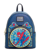 A blue faux-brick textured mini backpack featuring Spider-Man artwork, including a large circular Spider-Man graphic on the front, gold zipper details, and a Marvel logo patch on the upper front.