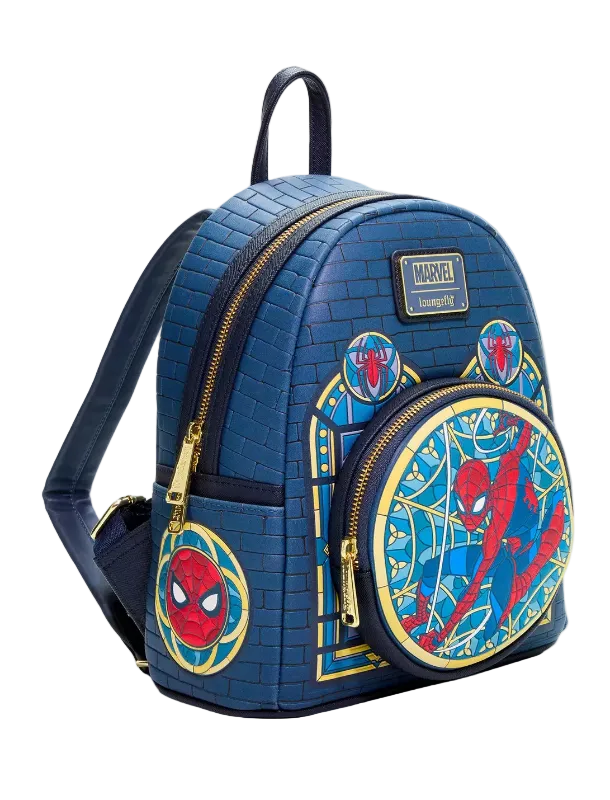 A blue Spider-Man themed mini backpack with a faux-brick texture, featuring a large round front pocket with Spider-Man artwork, gold zippers, and a Marvel patch on a light gray background.