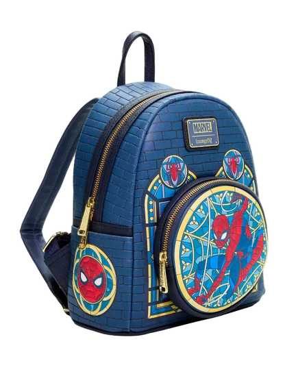 A blue Spider-Man themed mini backpack with a faux-brick texture, featuring a large round front pocket with Spider-Man artwork, gold zippers, and a Marvel patch on a light gray background.