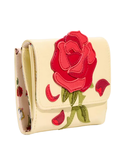 Beige wallet with red rose design on a white background