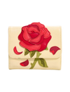 A cream-colored faux leather wallet featuring a large, dimensional red rose applique on the front flap with green leaves and red petal accents, set against a plain white background.
