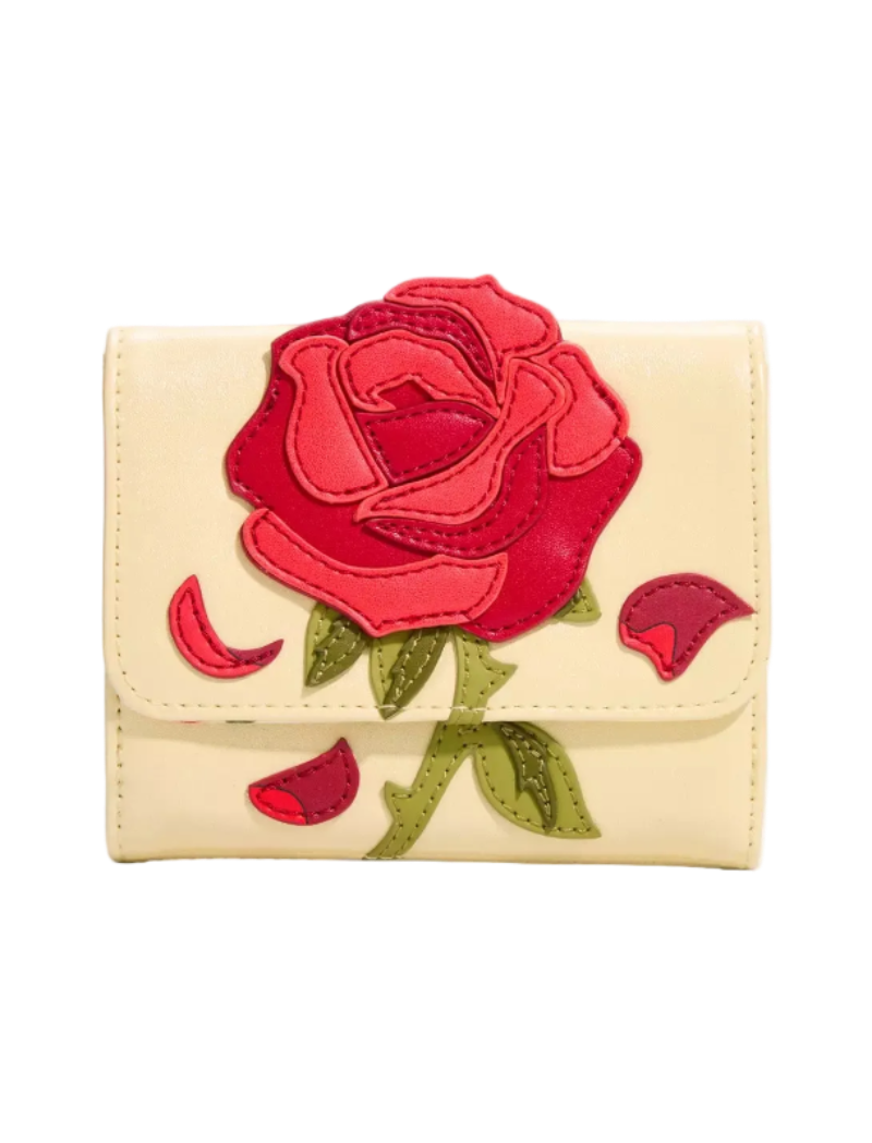 A cream-colored faux leather wallet featuring a large, dimensional red rose applique on the front flap with green leaves and red petal accents, set against a plain white background.