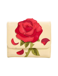 A cream-colored faux leather wallet featuring a large, dimensional red rose applique on the front flap with green leaves and red petal accents, set against a plain white background.