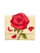 A cream-colored faux leather wallet featuring a large, dimensional red rose applique on the front flap with green leaves and red petal accents, set against a plain white background.