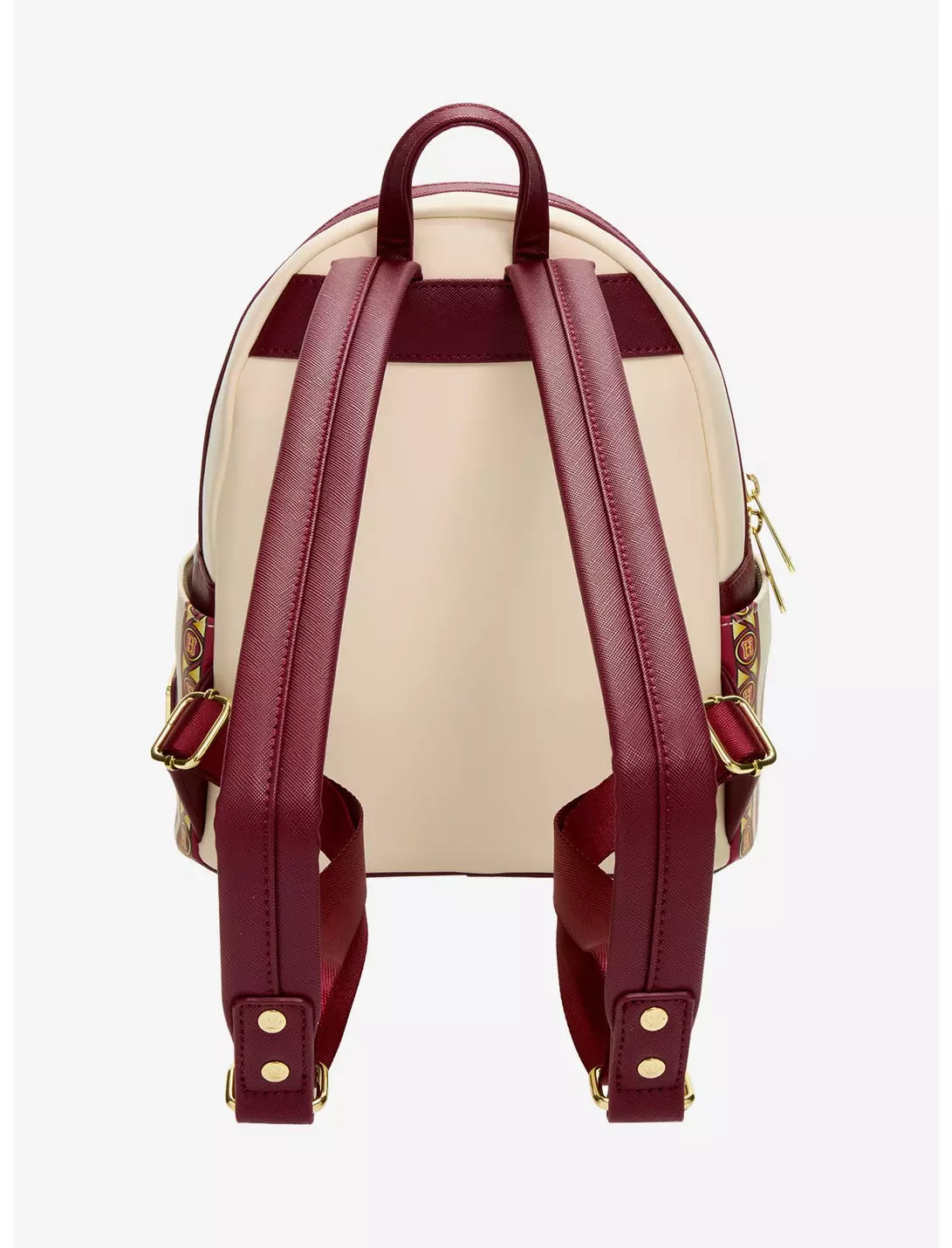 A structured leather backpack shown from the back, featuring a cream-colored body with deep burgundy straps, trim, and side details, accented by gold-tone hardware.