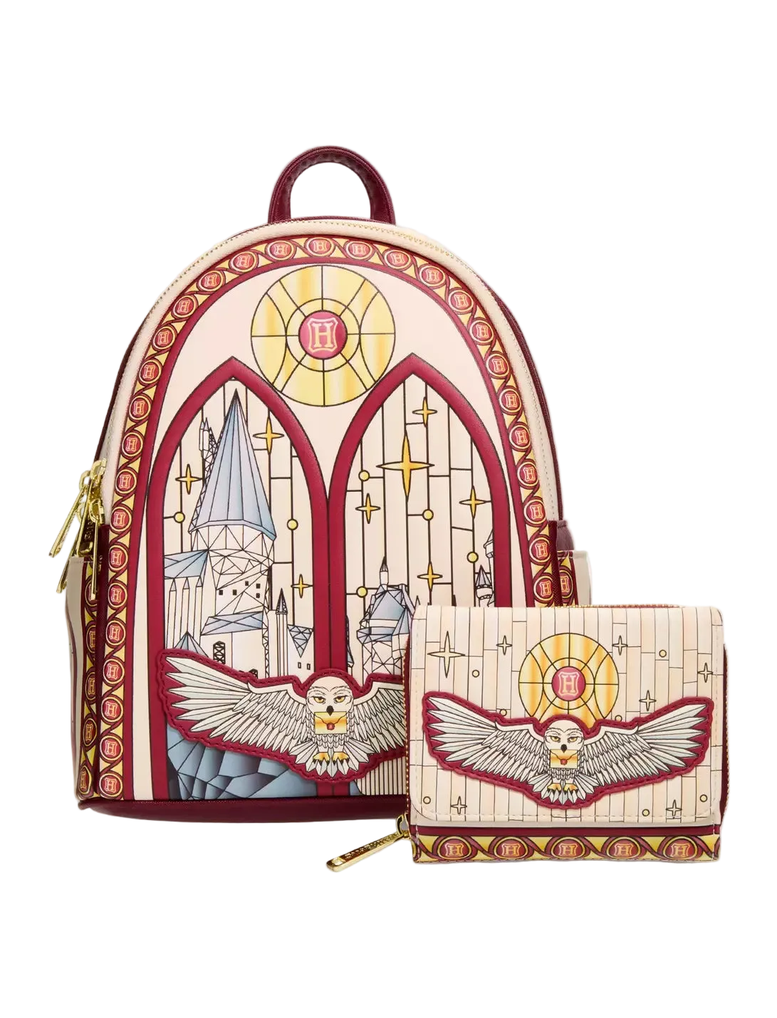 A matching backpack and zip wallet set featuring an ornate stained-glass-style design with a red owl motif, gold sun emblem, and cream background, shown on a light gray studio background.