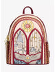 A small backpack styled like a stained-glass window, featuring a cream background with red borders, gold star details, and an illustration of Hogwarts and an owl at the bottom.