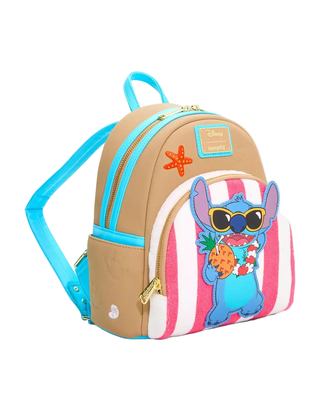 A small tan and pink striped backpack with bright blue straps and trim, gold zippers, a starfish patch, and a cartoon character applique on the front pocket.