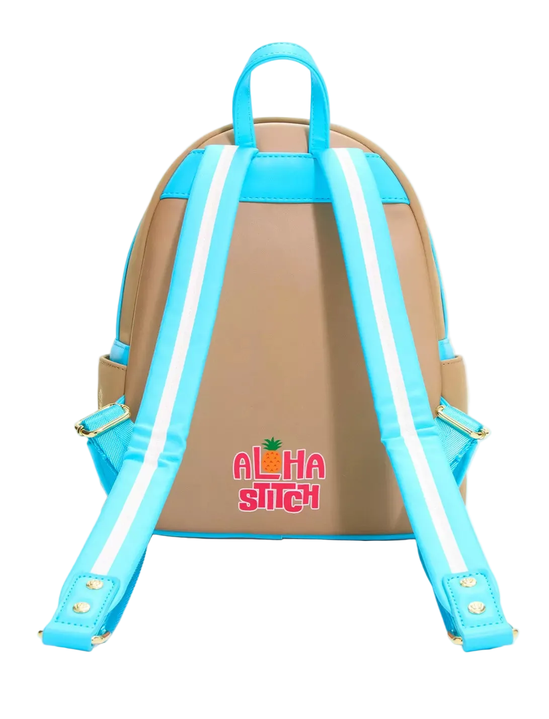 A tan backpack with bright turquoise straps and trim, featuring a white stripe down each strap and a colorful 'ALoha Stitch' logo on the back, shown against a plain white background.
