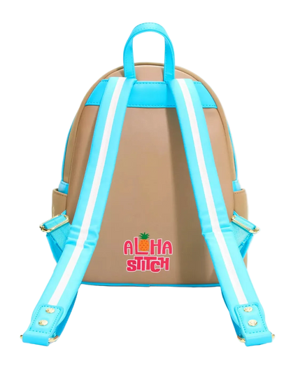 A tan backpack with bright turquoise straps and trim, featuring a white stripe down each strap and a colorful 'ALoha Stitch' logo on the back, shown against a plain white background.
