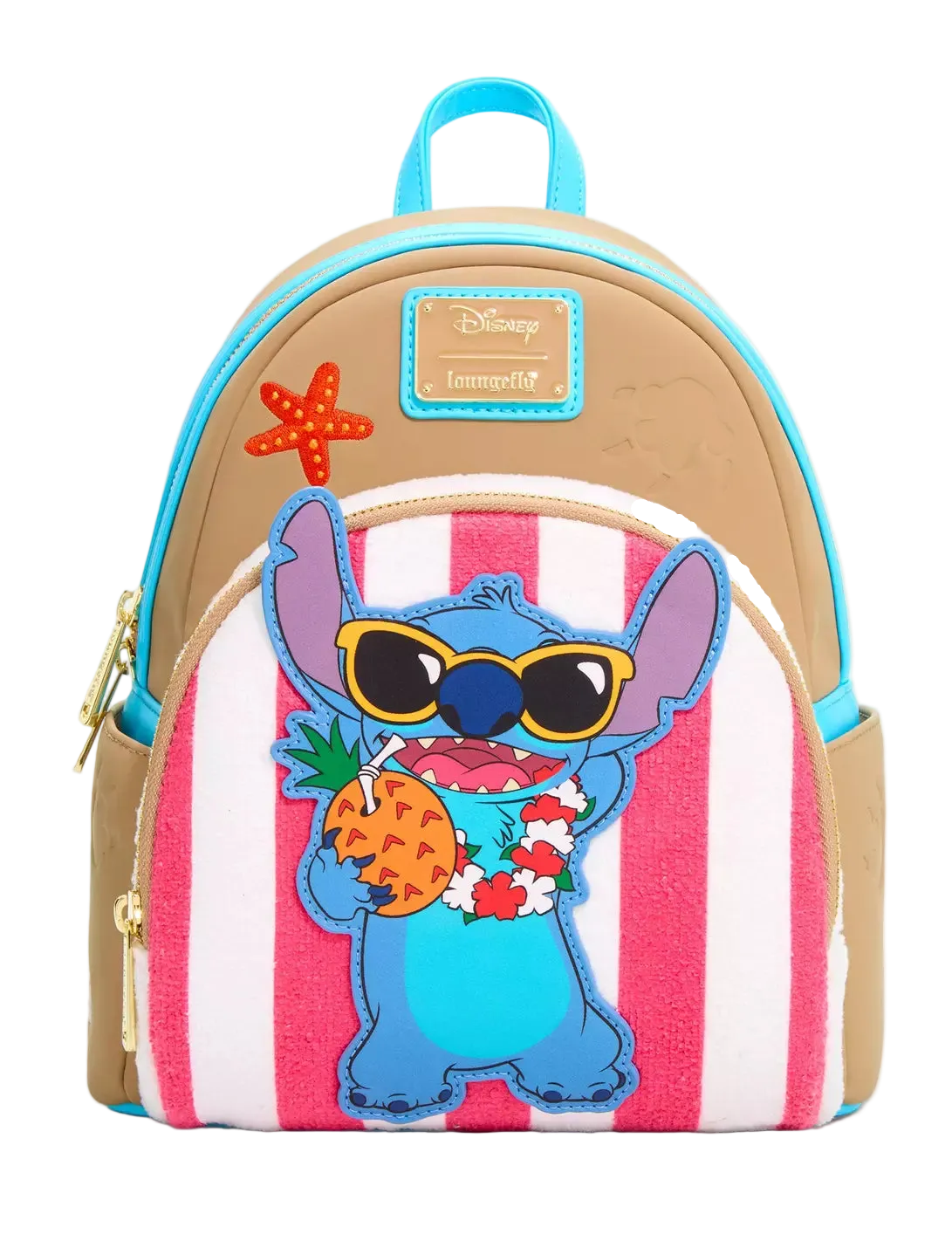 A Disney Loungefly mini backpack featuring a blue Stitch character patch on a pink and white striped front pocket, with tan and turquoise blue body panels and gold-tone zippers.