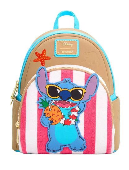 A Disney Loungefly mini backpack featuring a blue Stitch character patch on a pink and white striped front pocket, with tan and turquoise blue body panels and gold-tone zippers.