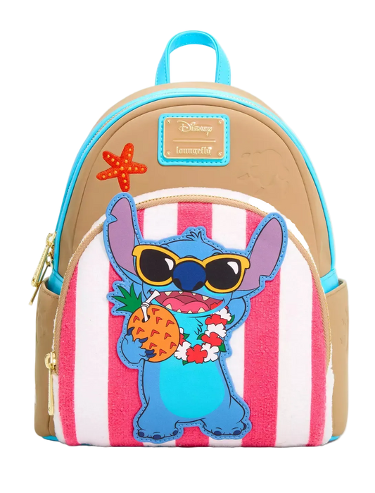 A Disney Loungefly mini backpack featuring a blue Stitch character patch on a pink and white striped front pocket, with tan and turquoise blue body panels and gold-tone zippers.
