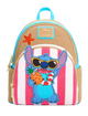 A Disney Loungefly mini backpack featuring a blue Stitch character patch on a pink and white striped front pocket, with tan and turquoise blue body panels and gold-tone zippers.