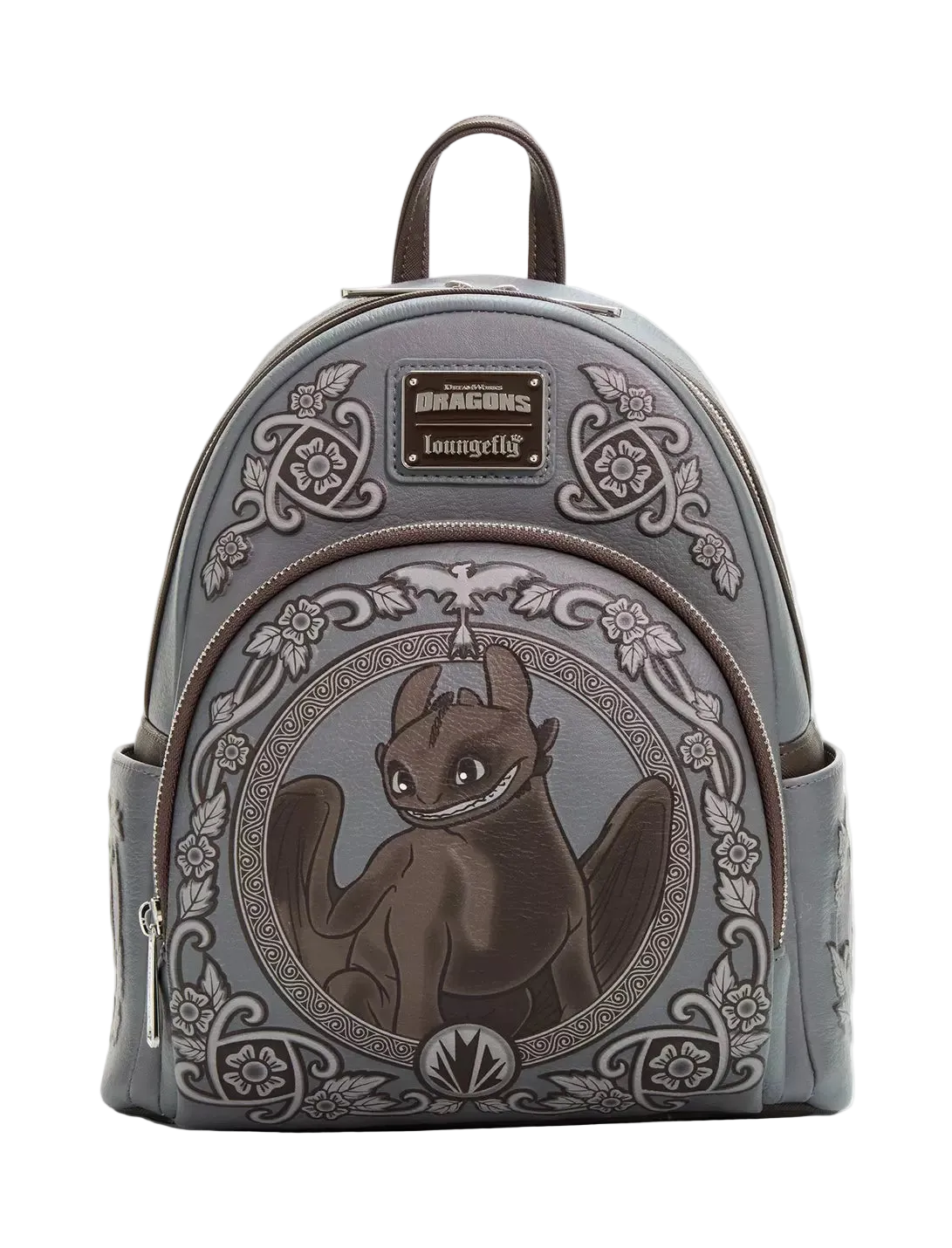 A gray faux-leather mini backpack featuring an embossed and printed design of Toothless from 'The Dream Team' in the center, with ornate floral scrollwork and a 'loungertify' brand patch on the front.