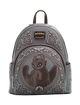 A gray faux-leather mini backpack featuring an embossed and printed design of Toothless from 'The Dream Team' in the center, with ornate floral scrollwork and a 'loungertify' brand patch on the front.