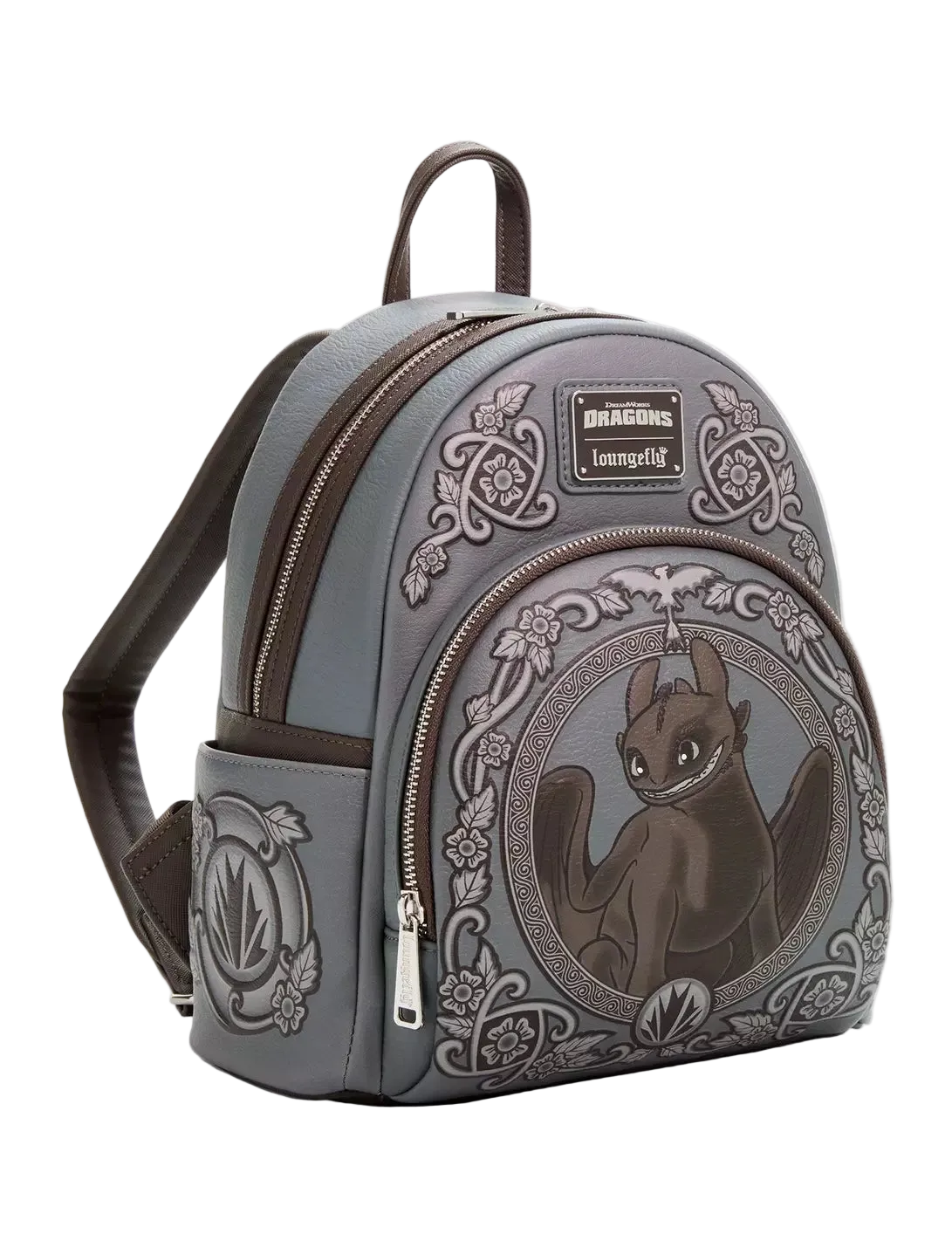 A gray and brown Loungefly Disney Dragons Backpack featuring Bumblebee in a circular design on the front pocket, with embossed floral details and a top handle.