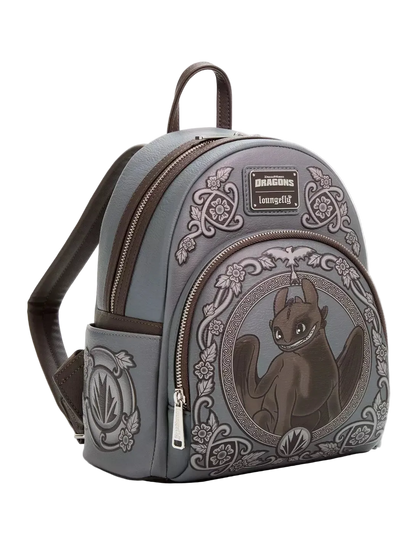 A gray and brown Loungefly Disney Dragons Backpack featuring Bumblebee in a circular design on the front pocket, with embossed floral details and a top handle.