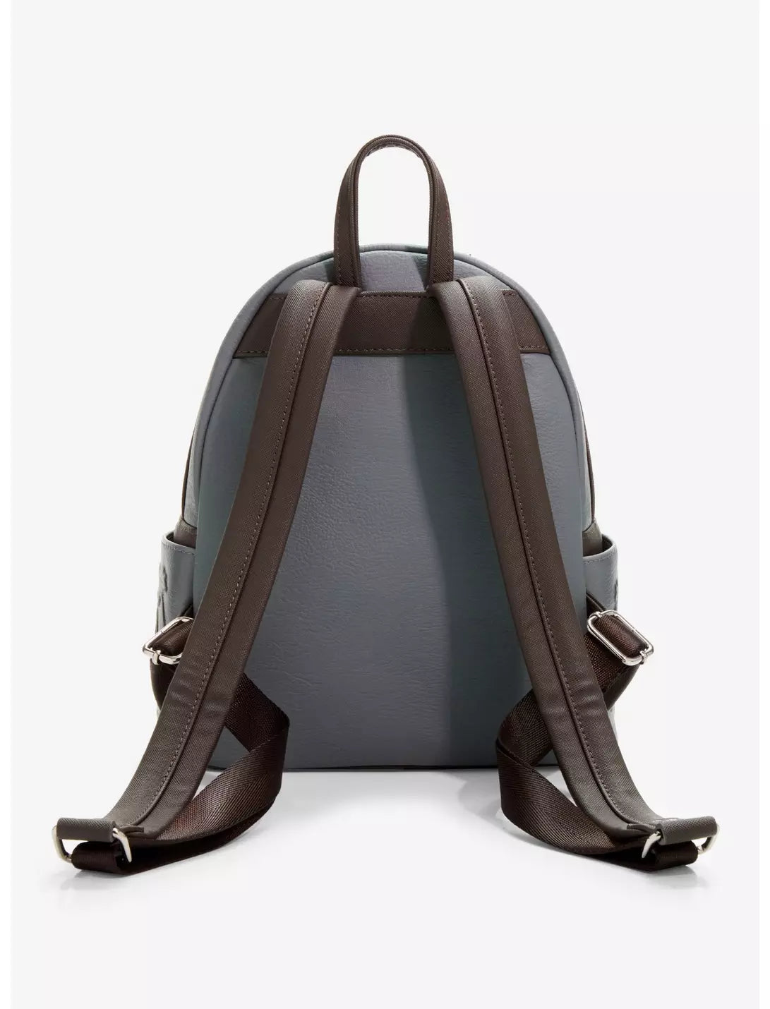 A gray and dark brown backpack shown from the back, featuring a textured gray body, dark brown straps, and silver metal buckles, set against a plain white background.